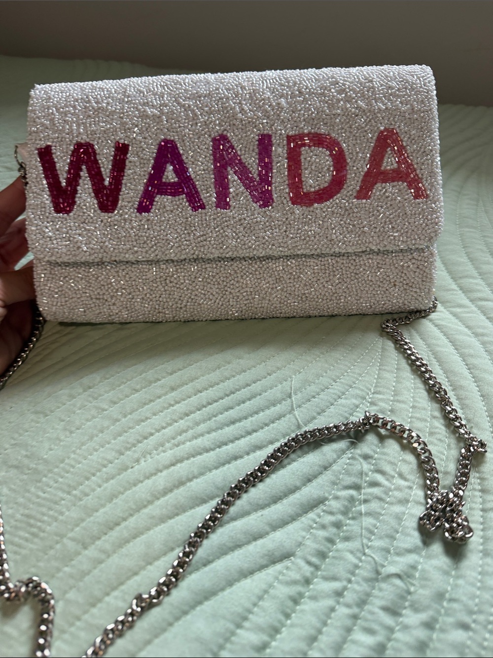 Embellished White Crystal Clutch with Pink Gradient 'WANDA' Lettering